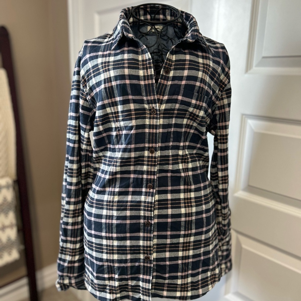 L.L. Bean Navy and Pink Plaid Fleece Button Down Shirt
